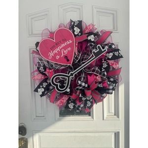 Valentines Day Heart Wreath, The Key To Happiness is Love Sign Door Hanger